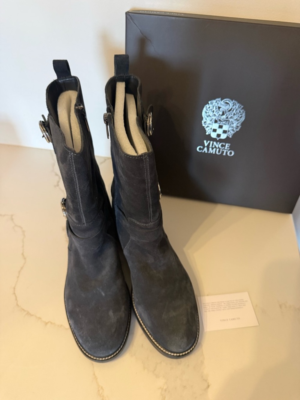 Vince Camuto Black Suede Buckle Lug Boots - Picture 3 of 7